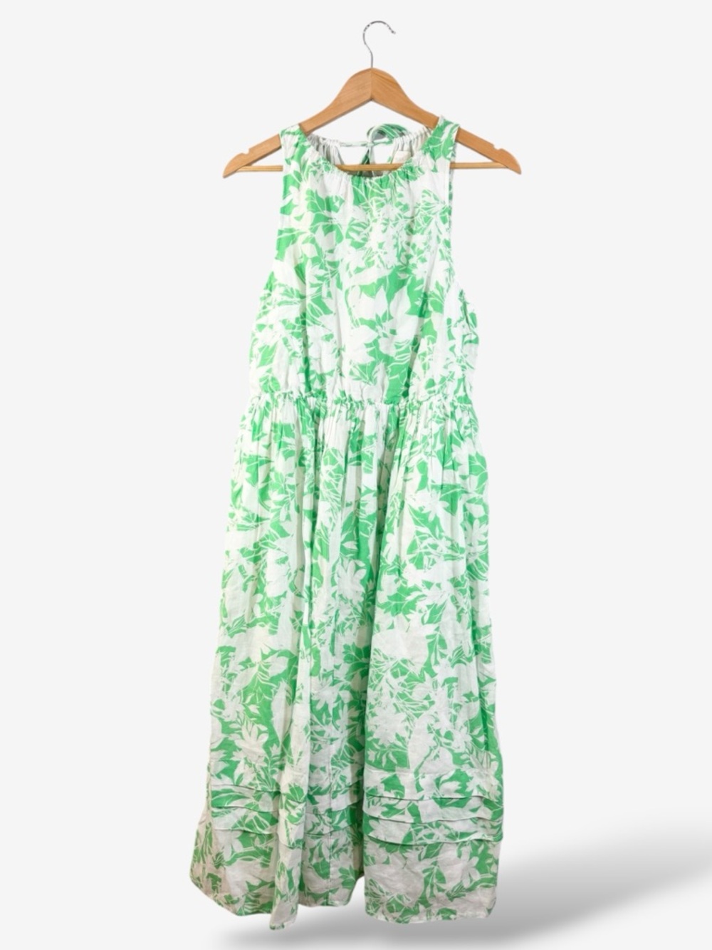 Caslon Green White Maxi Dress Size M Floral Print Racerback Tie Neck Tiered - Picture 2 of 12